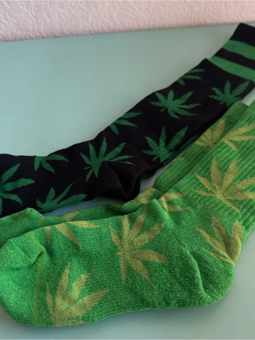 Black & Green Patterned Crew & Knee Socks - Leaf Flower Print 2 pair